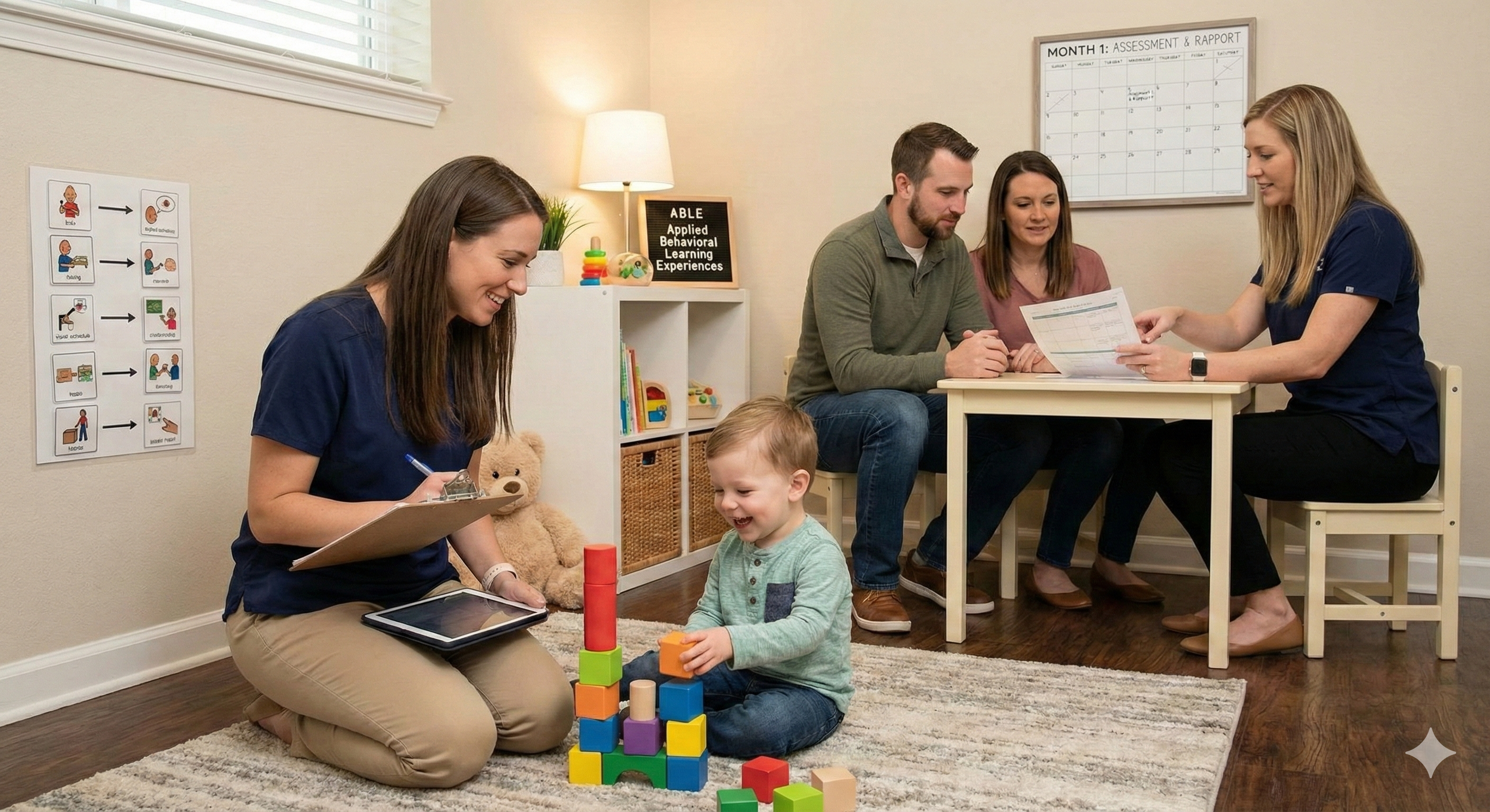 Parents meeting with a BCBA who is doing an initial assestment to a kid with autism that is playing with the RBT in the firsr 30 days of ABA Therapy in Florida